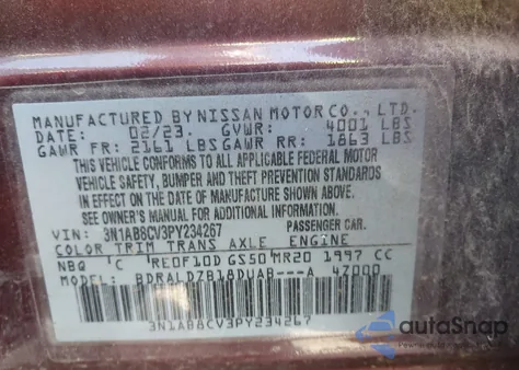 2023 Nissan Sentra Sv Xtronic Cvt из США, поврежденный, VIN 3N1AB8CV3PY234267